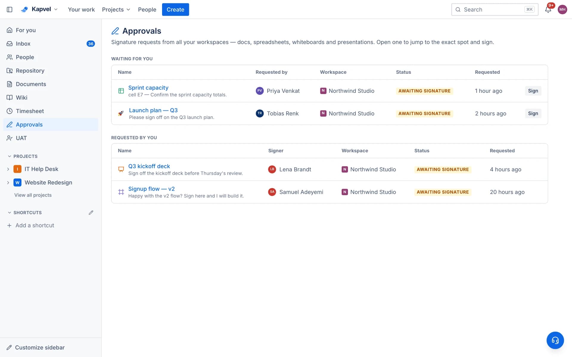 An approvals inbox in two halves: two documents waiting for the reader's signature with a Sign button on each, and two the reader sent to other people, covering a page, a spreadsheet cell, a deck and a whiteboard.