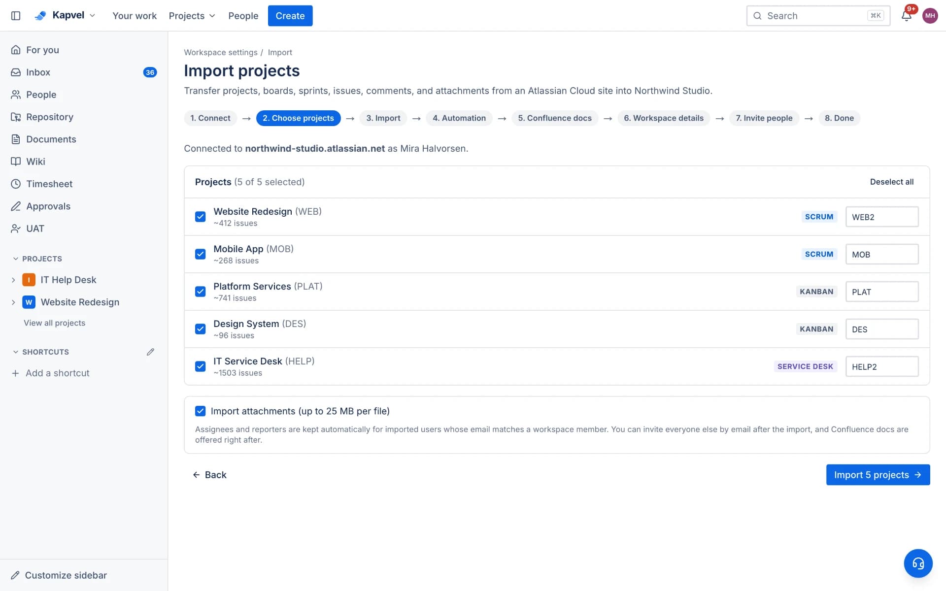 Step two of an eight-step Jira import wizard, listing five discovered Atlassian projects with their issue counts, board types and the key each will take in Kapvel, all selected and ready to import with attachments.