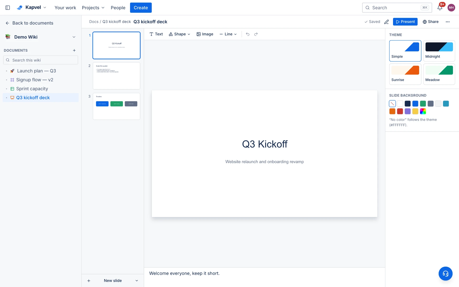 A three-slide deck in its editor, with slide thumbnails down the left, a toolbar for adding text, shapes and images above the canvas, theme and background swatches on the right, and speaker notes underneath.