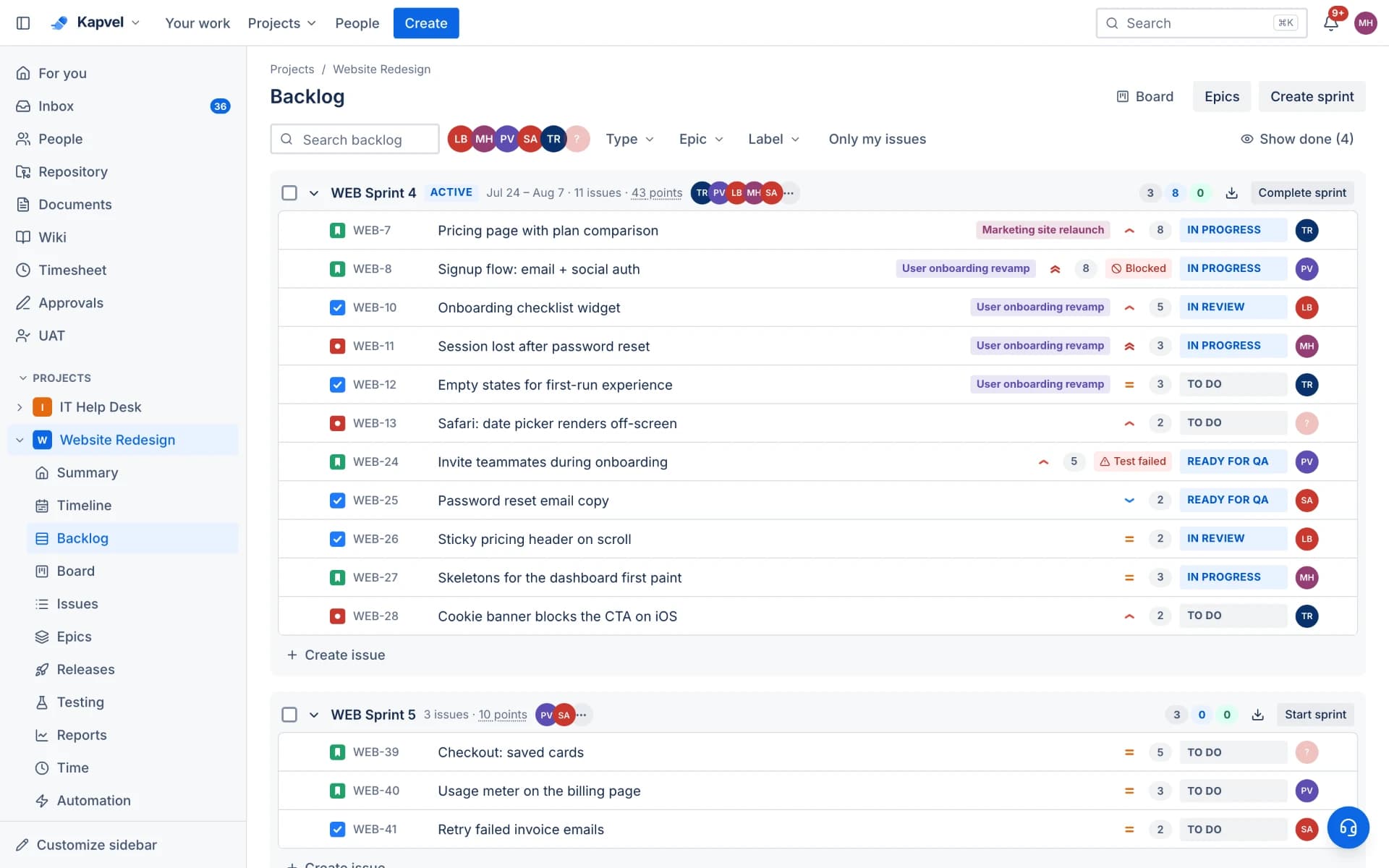 A backlog split into an active sprint of eleven issues worth forty-three points, a planned next sprint, and the remaining backlog, with each row showing its issue type, epic, estimate and current status.