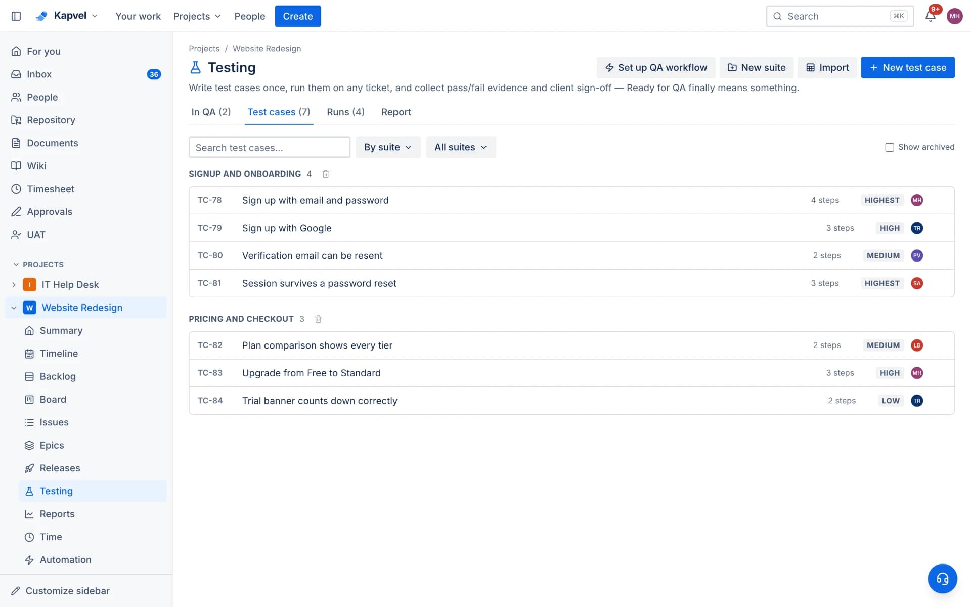 A test case library grouped into two suites, each case listing its number, title, step count and priority, with tabs above counting the tickets in QA and the test runs recorded against them.