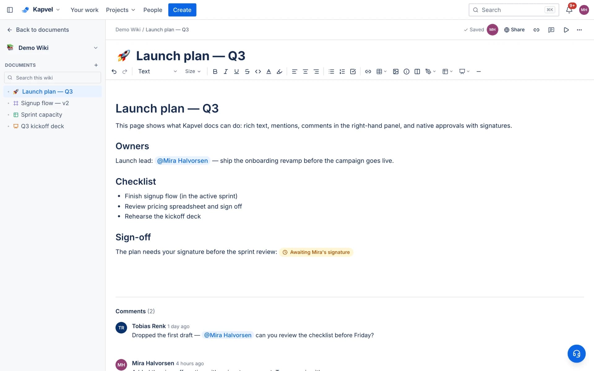 A wiki page called Launch plan with headings, a bulleted checklist, an @mention of a teammate and a pending signature request inline in the text, above a comment thread between two people.